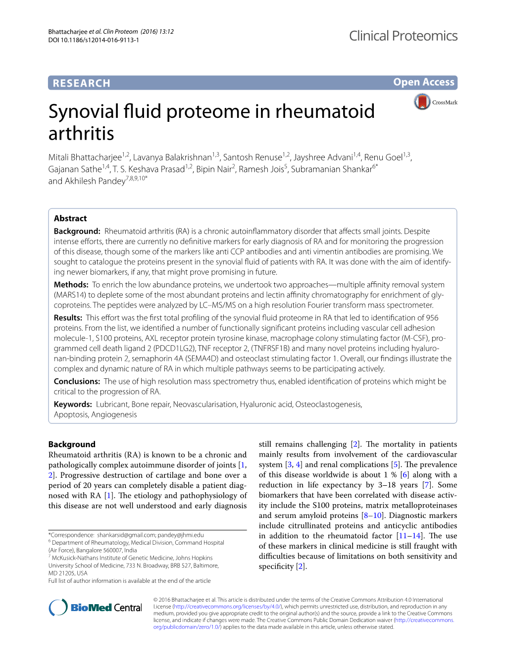 Synovial Fluid Proteome in Rheumatoid Arthritis