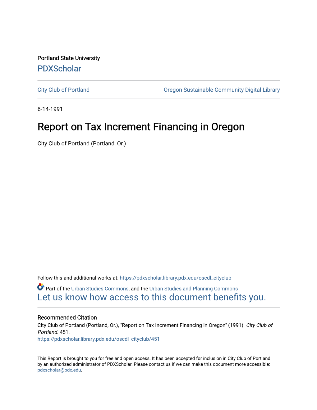 Report on Tax Increment Financing in Oregon