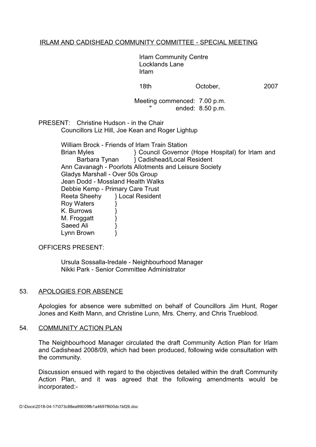 Irlam and Cadishead Community Committee - Special Meeting