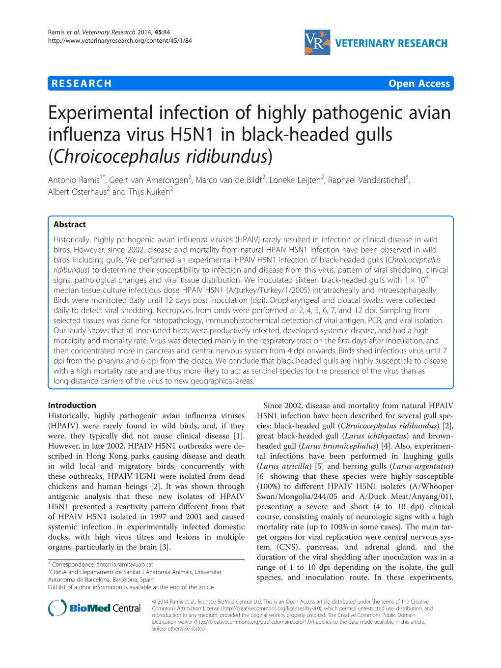 Experimental Infection of Highly Pathogenic Avian Influenza Virus H5N1 in Black-Headed Gulls (Chroicocephalus Ridibundus)