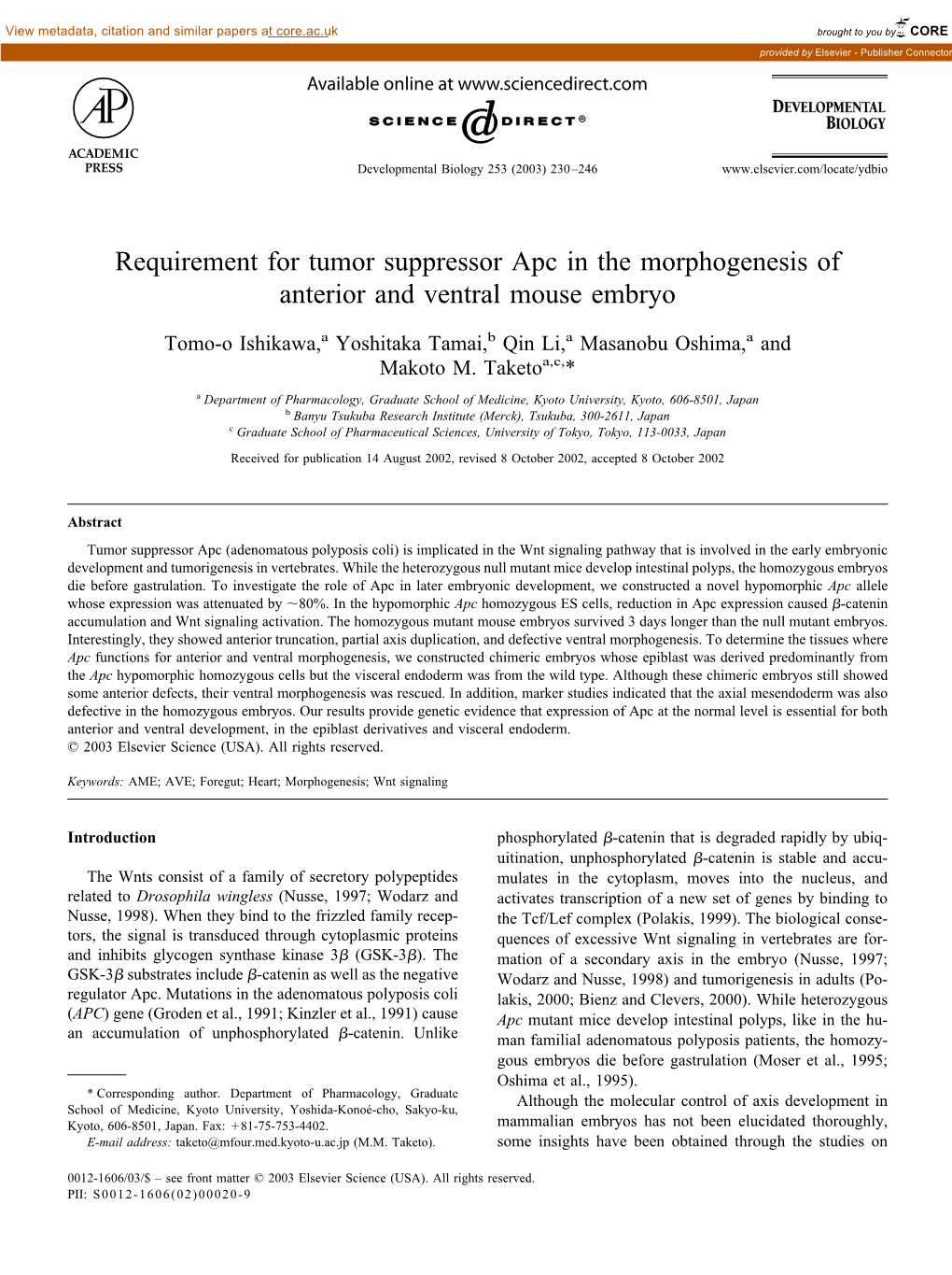 Requirement for Tumor Suppressor Apc in the Morphogenesis of Anterior and Ventral Mouse Embryo