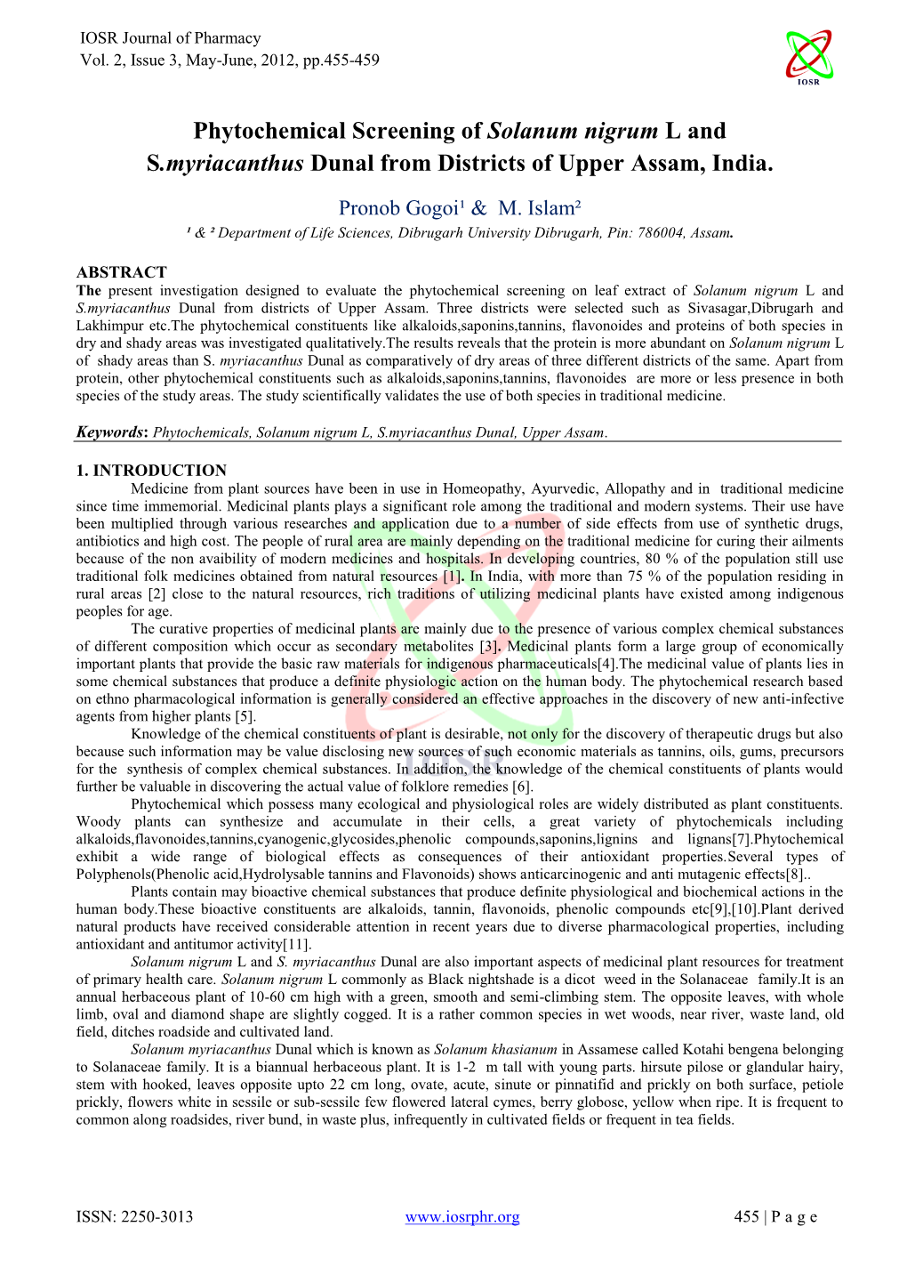 Phytochemical Screening of Solanum Nigrum L and S.Myriacanthus Dunal from Districts of Upper Assam, India