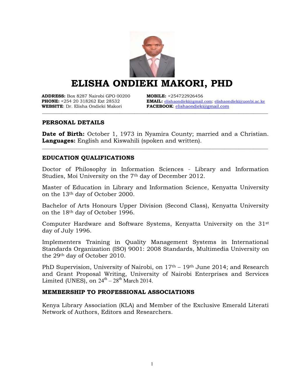 Elisha Ondieki Makori, Phd