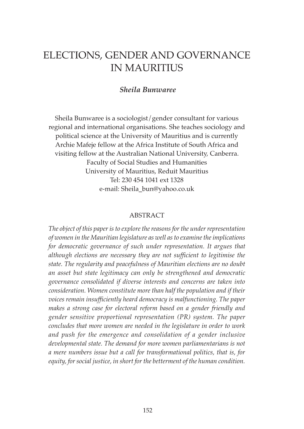 Elections, Gender and Governance in Mauritius