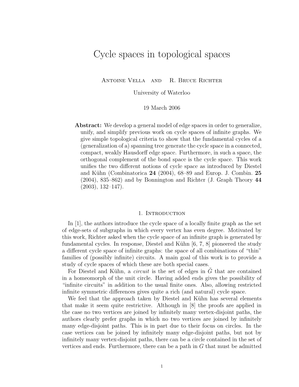 Cycle Spaces in Topological Spaces