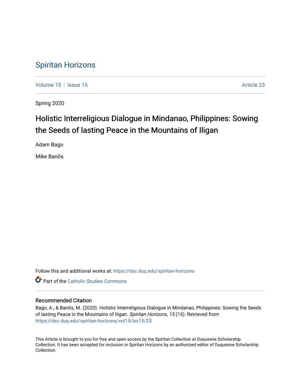 Holistic Interreligious Dialogue in Mindanao, Philippines: Sowing the Seeds of Lasting Peace in the Mountains of Iligan