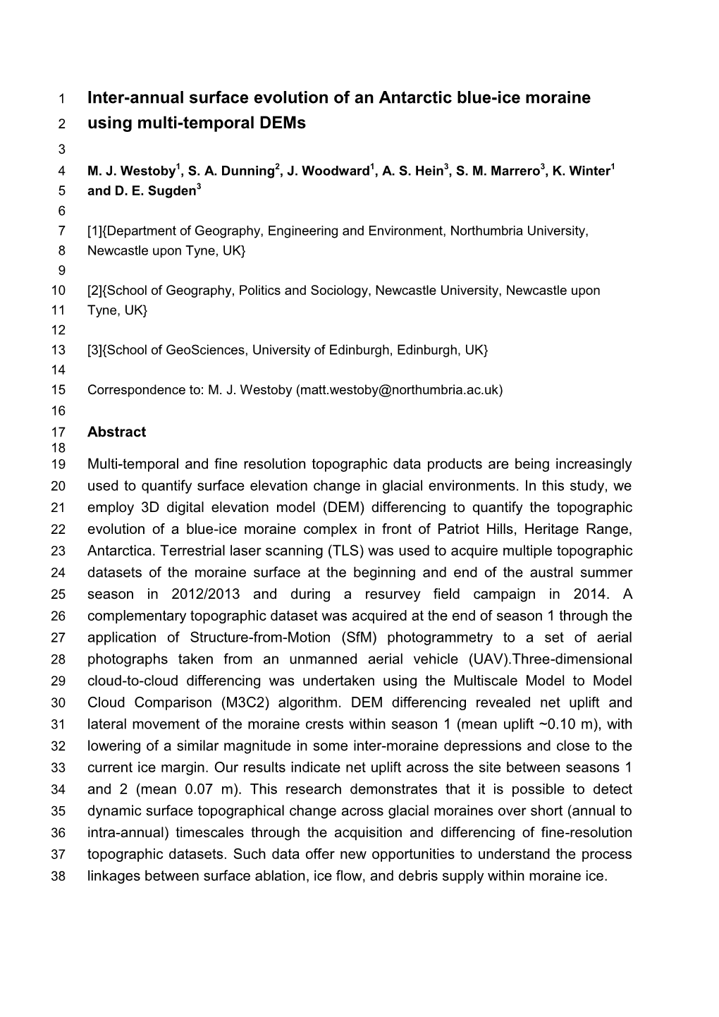 Inter-Annual Surface Evolution of an Antarctic Blue-Ice Moraine 2 Using Multi-Temporal Dems 3 4 M