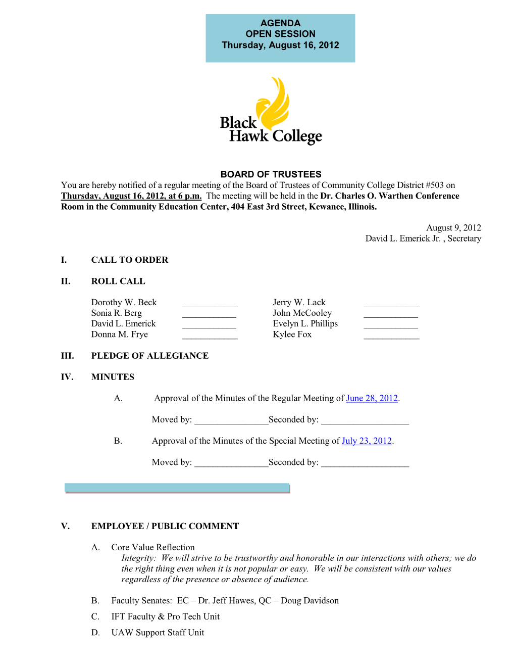 Black Hawk College and Eastern Iowa Community College District for Reciprocity of Career Programs – 2012 – 2013