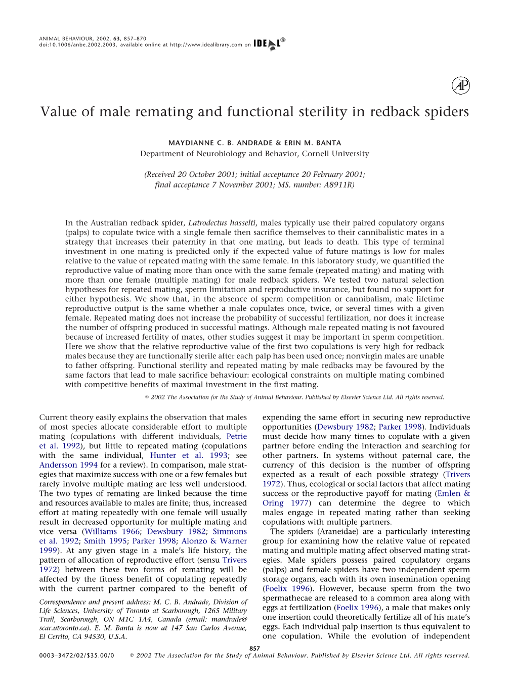 Value of Male Remating and Functional Sterility in Redback Spiders