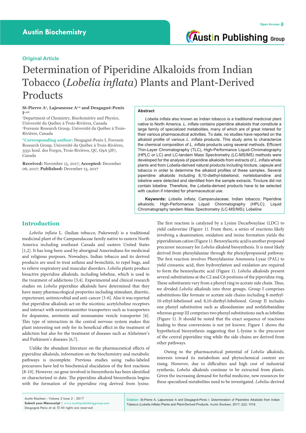 Determination of Piperidine Alkaloids from Indian Tobacco (Lobelia Inflata) Plants and Plant-Derived Products