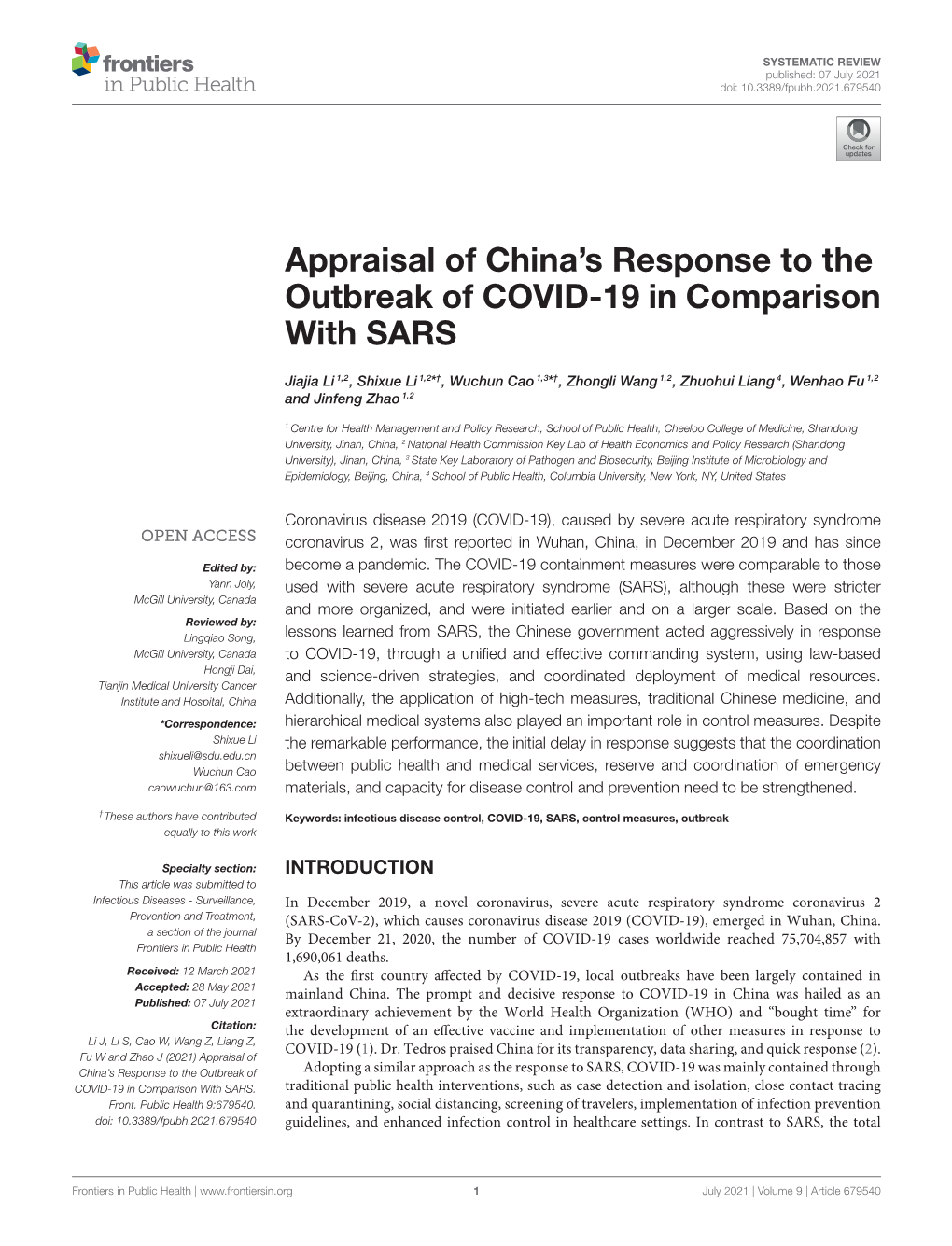 Appraisal of China's Response to the Outbreak of COVID-19 In