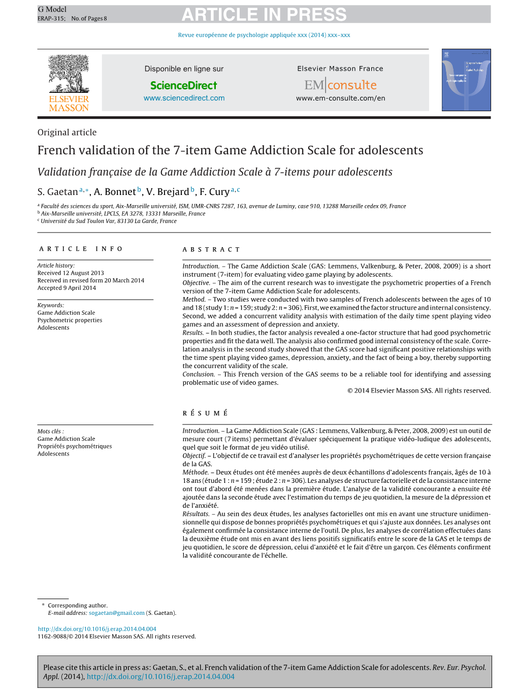 French Validation of the 7-Item Game Addiction Scale for Adolescents