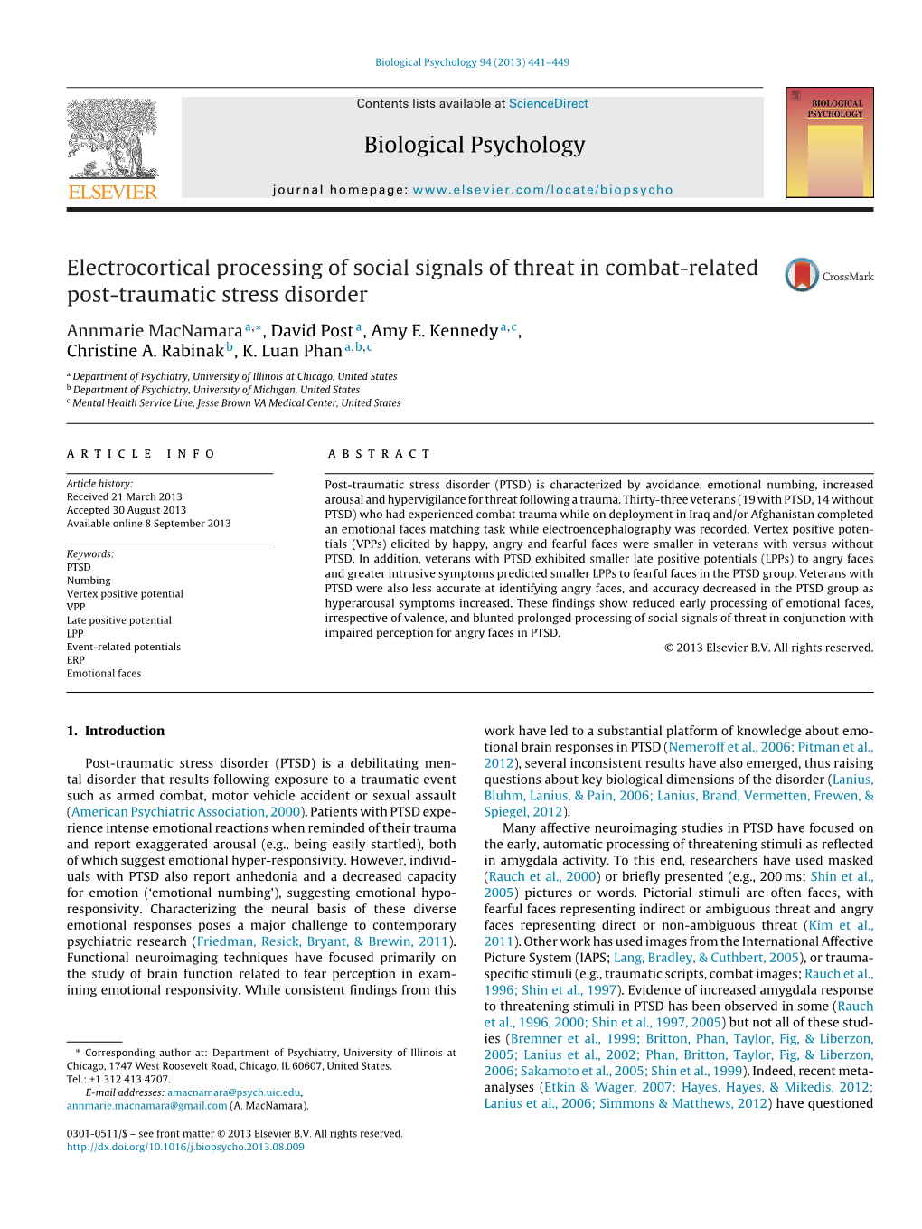 Electrocortical Processing of Social Signals of Threat in Combat-Related Post-Traumatic Stress Disorder