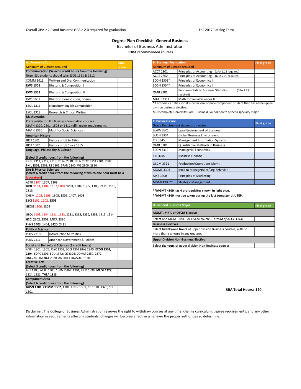 Degree Plan Checklist - General Business Bachelor of Business Administration COBA Recommended Courses