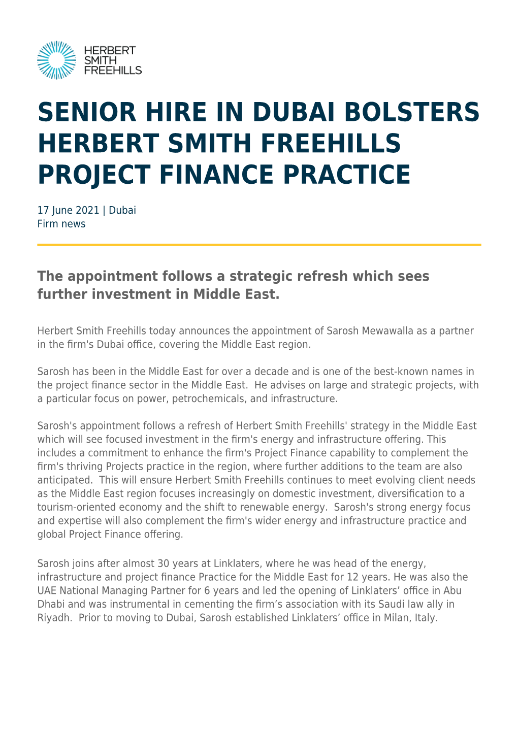 Senior Hire in Dubai Bolsters Herbert Smith Freehills Project Finance Practice