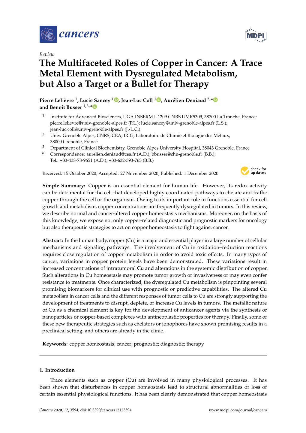 The Multifaceted Roles of Copper in Cancer: a Trace Metal Element with Dysregulated Metabolism, but Also a Target Or a Bullet for Therapy