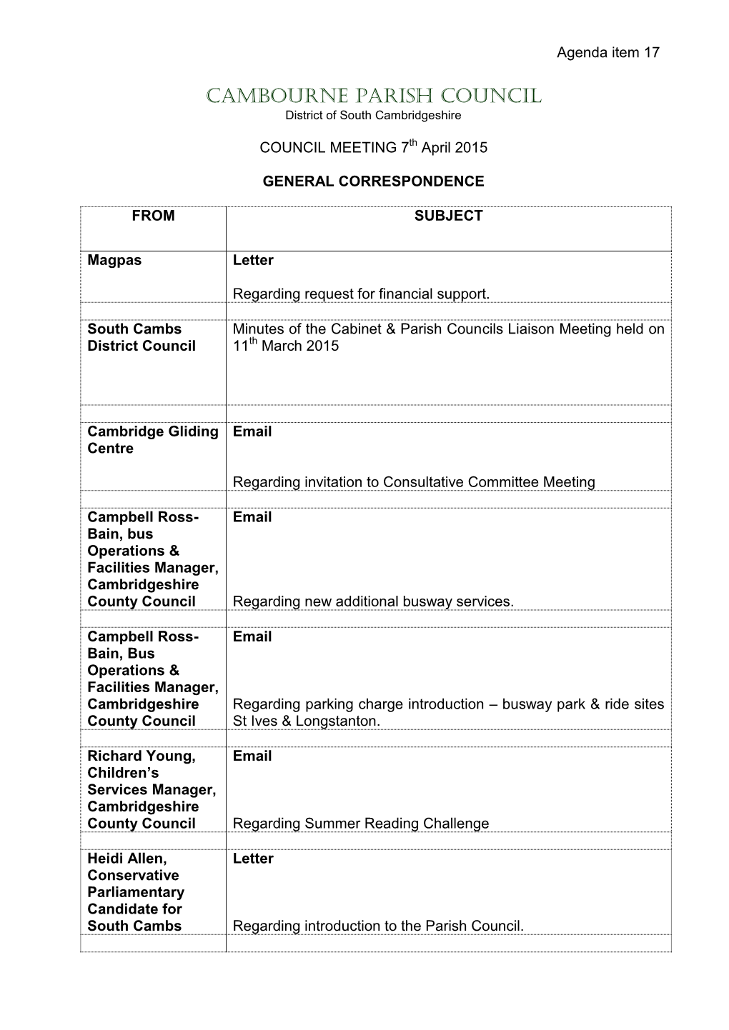 CAMBOURNE PARISH COUNCIL District of South Cambridgeshire