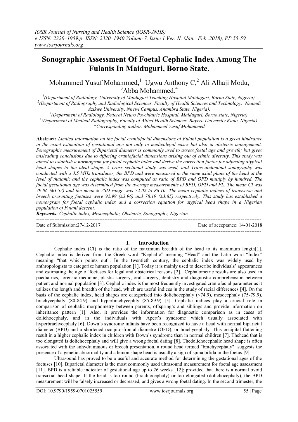 Sonographic Assessment of Foetal Cephalic Index Among the Fulanis in Maiduguri, Borno State