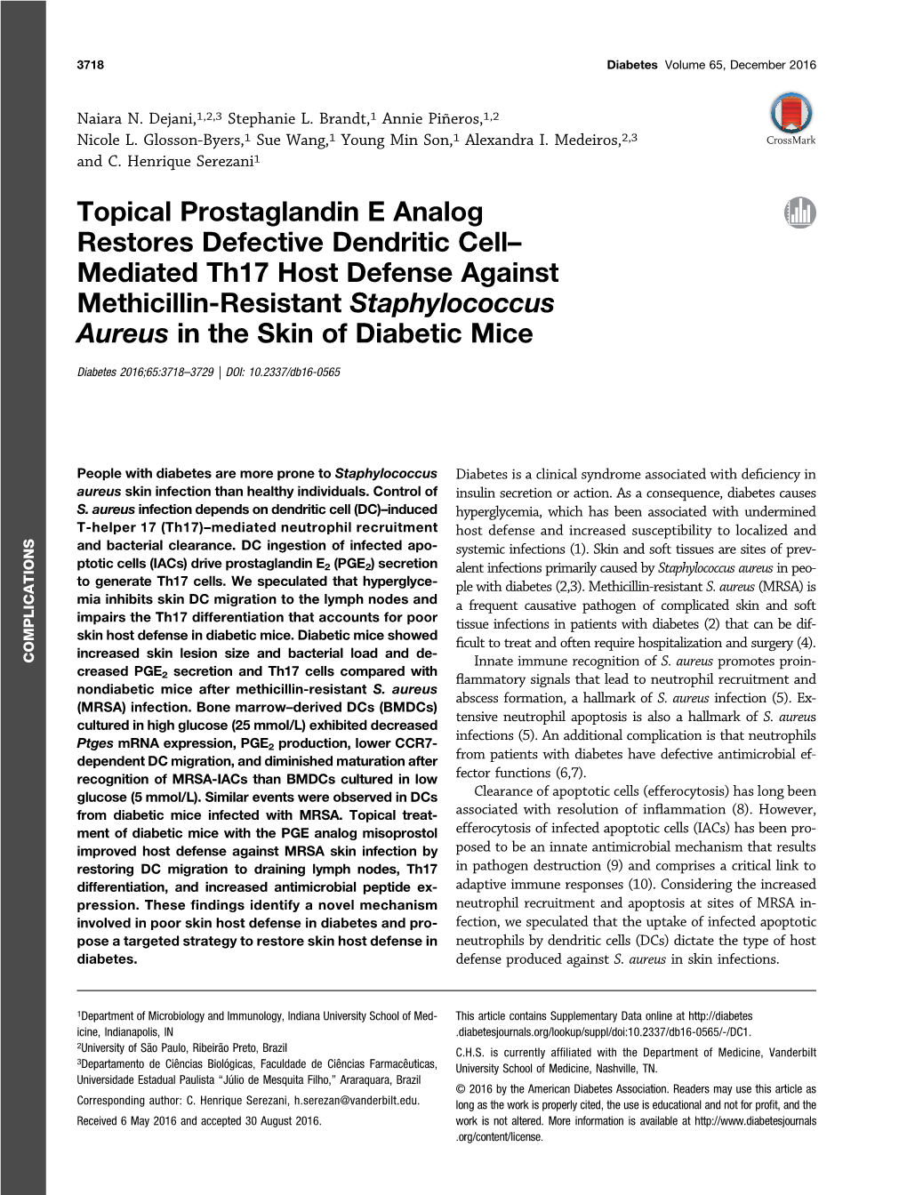 Mediated Th17 Host Defense Against Methicillin-Resistant Staphylococcus Aureus in the Skin of Diabetic Mice