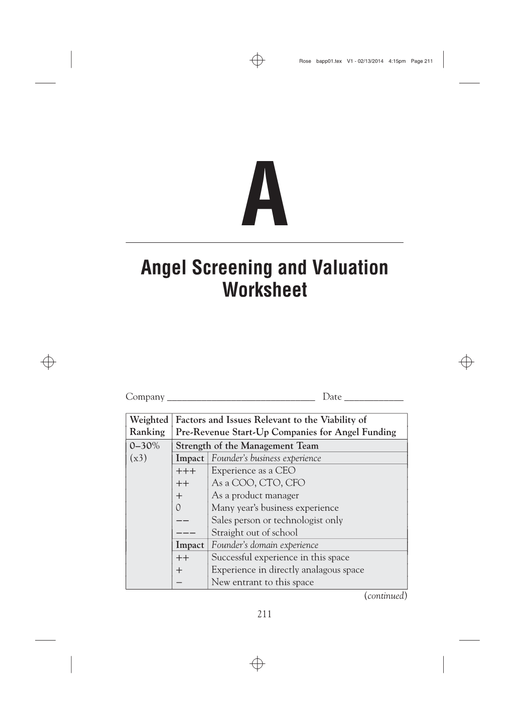 Angel Screening and Valuation Worksheet