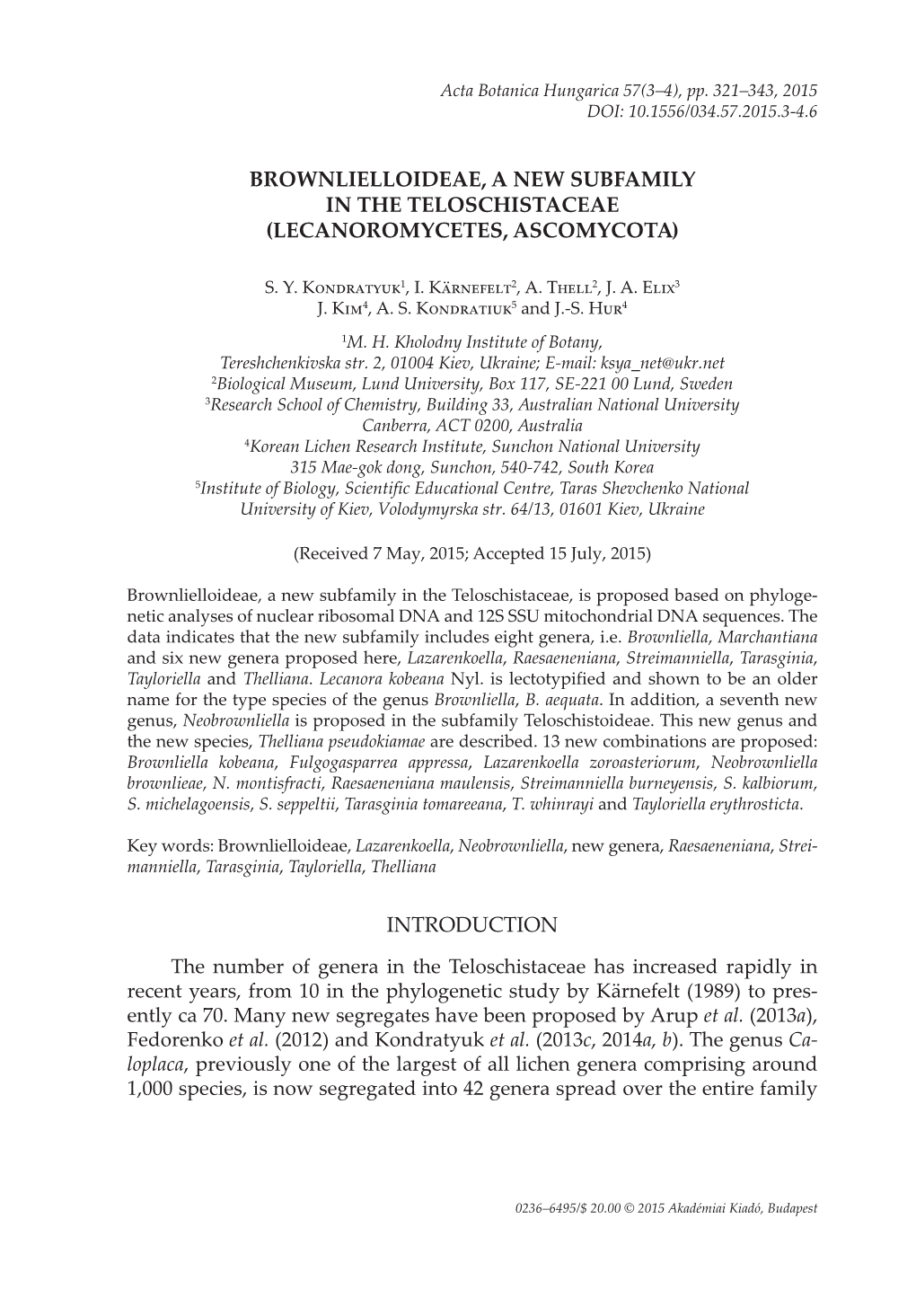 Brownlielloideae, a New Subfamily in the Teloschistaceae (Lecanoromycetes, Ascomycota)