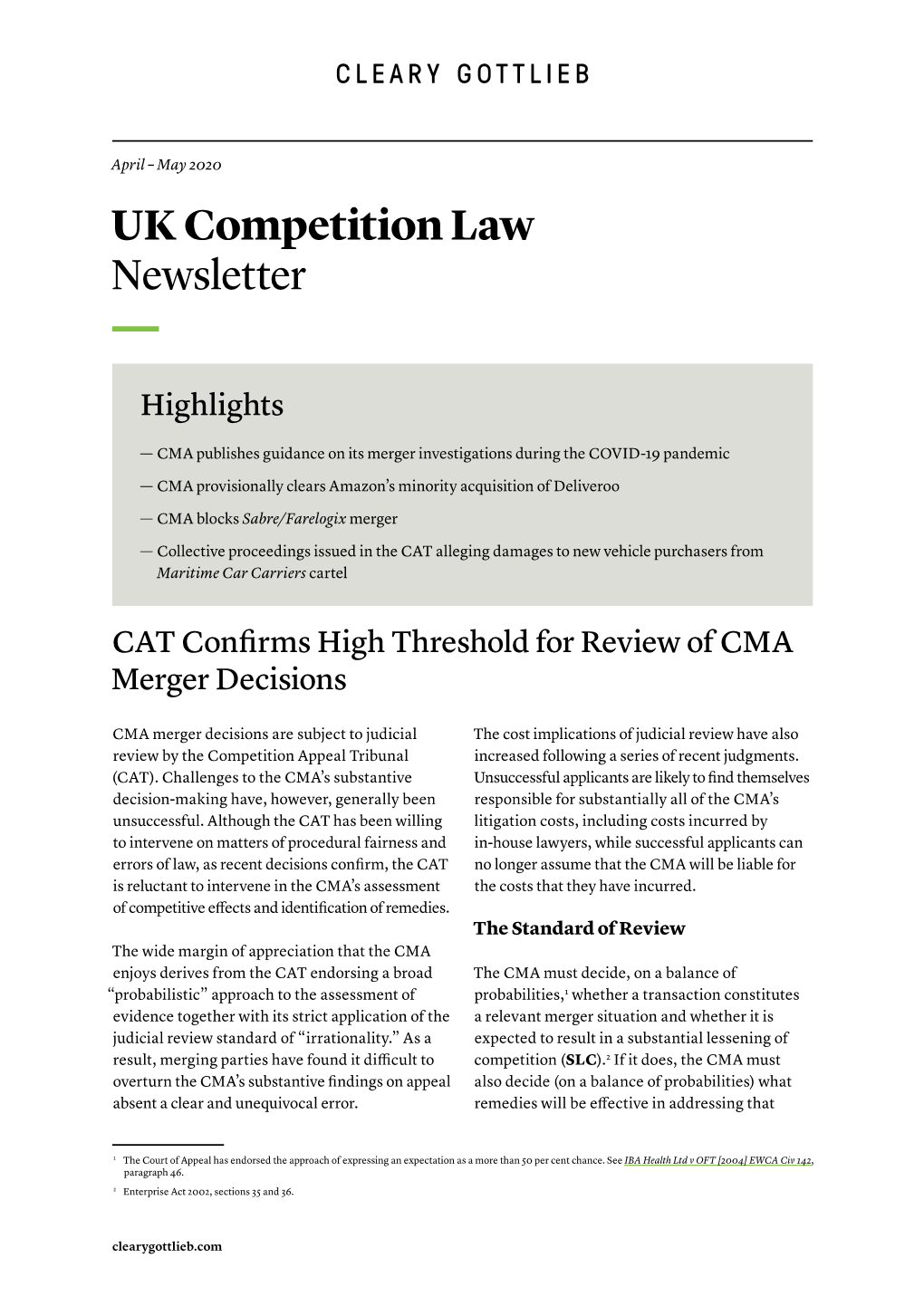 UK Competition Law Newsletter — Highlights