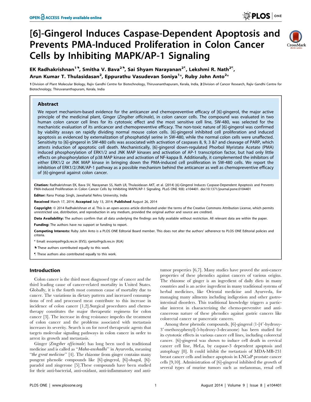 [6]-Gingerol Induces Caspase-Dependent Apoptosis and Prevents PMA-Induced Proliferation in Colon Cancer Cells by Inhibiting MAPK/AP-1 Signaling