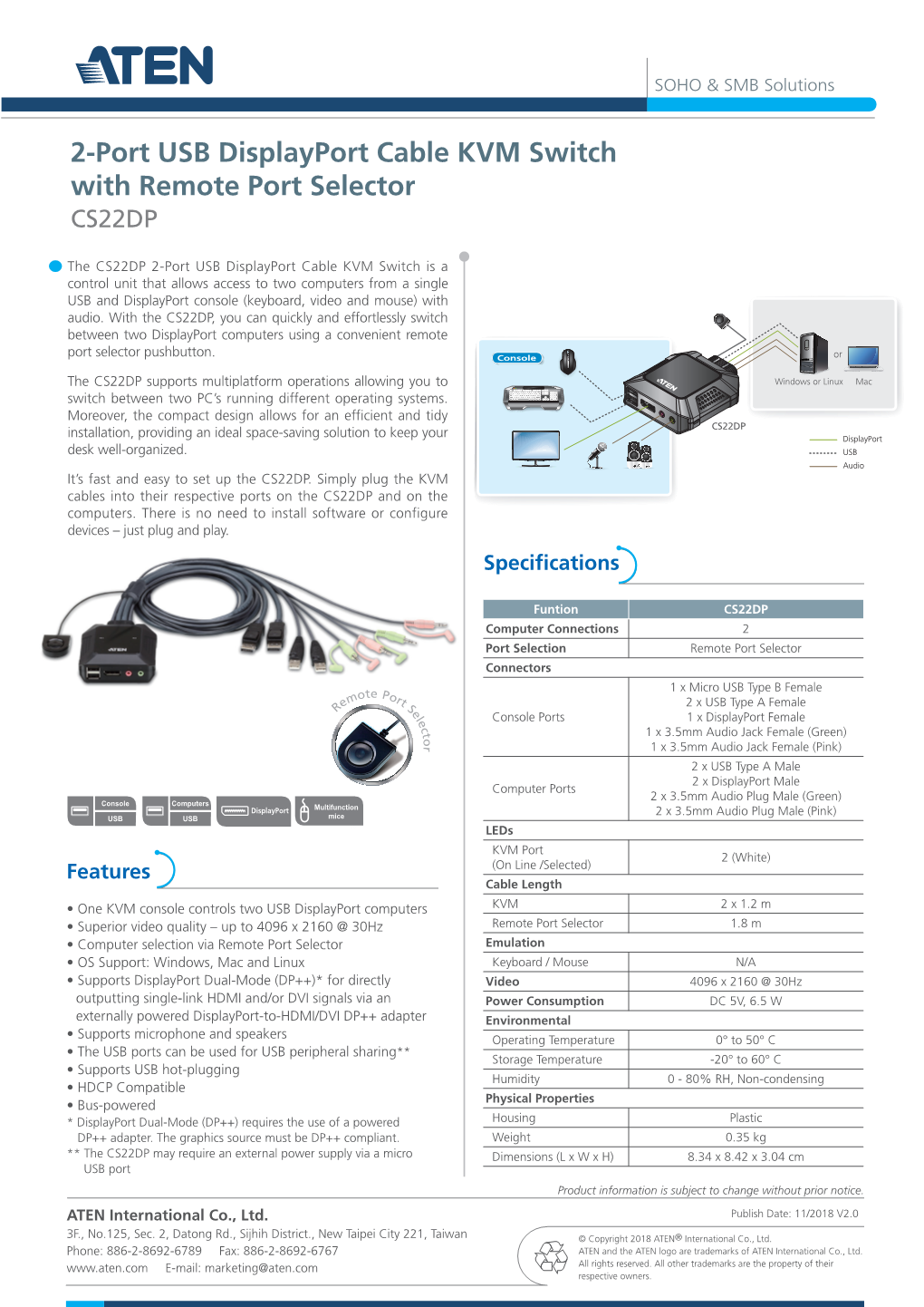 2-Port USB Displayport Cable KVM Switch with Remote Port Selector CS22DP