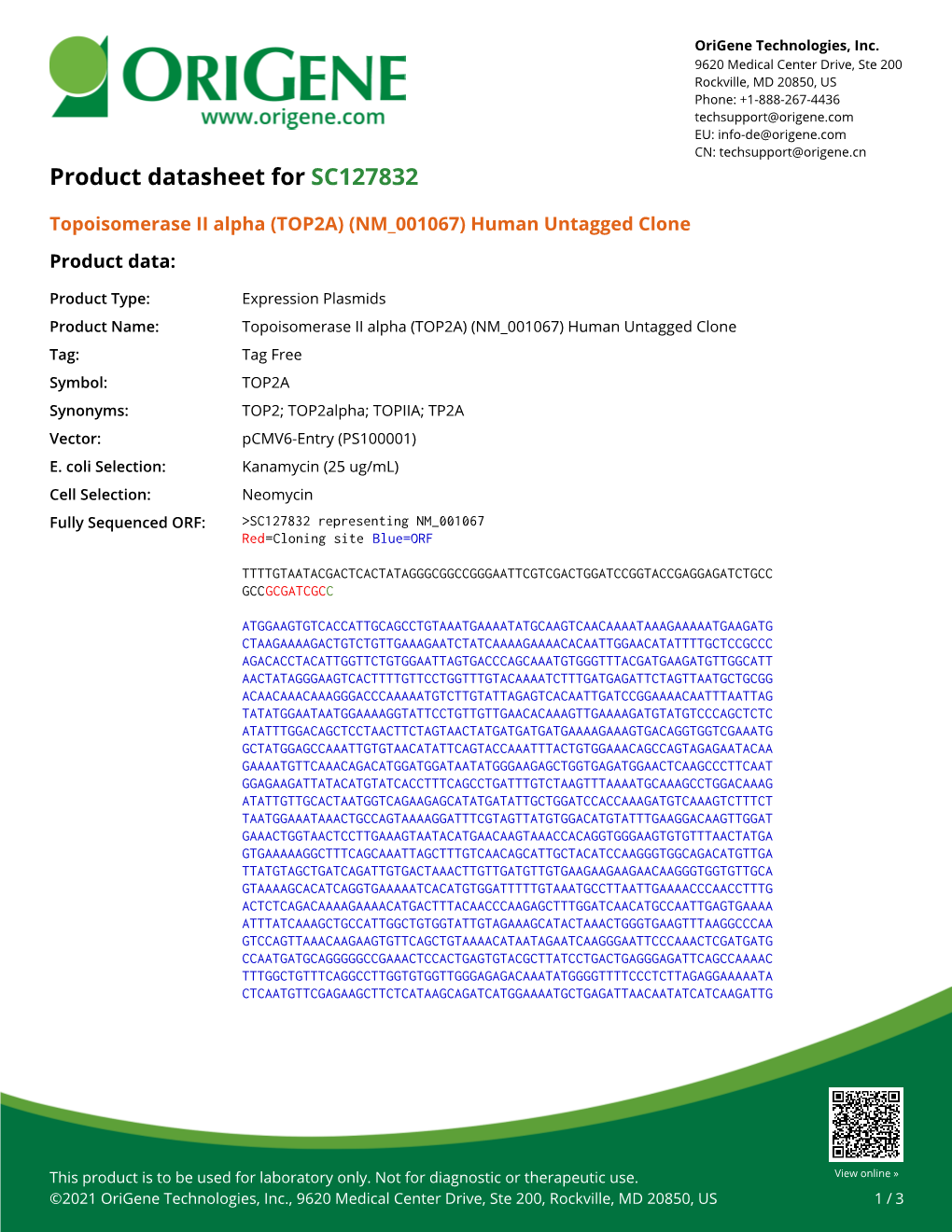 (TOP2A) (NM 001067) Human Untagged Clone Product Data