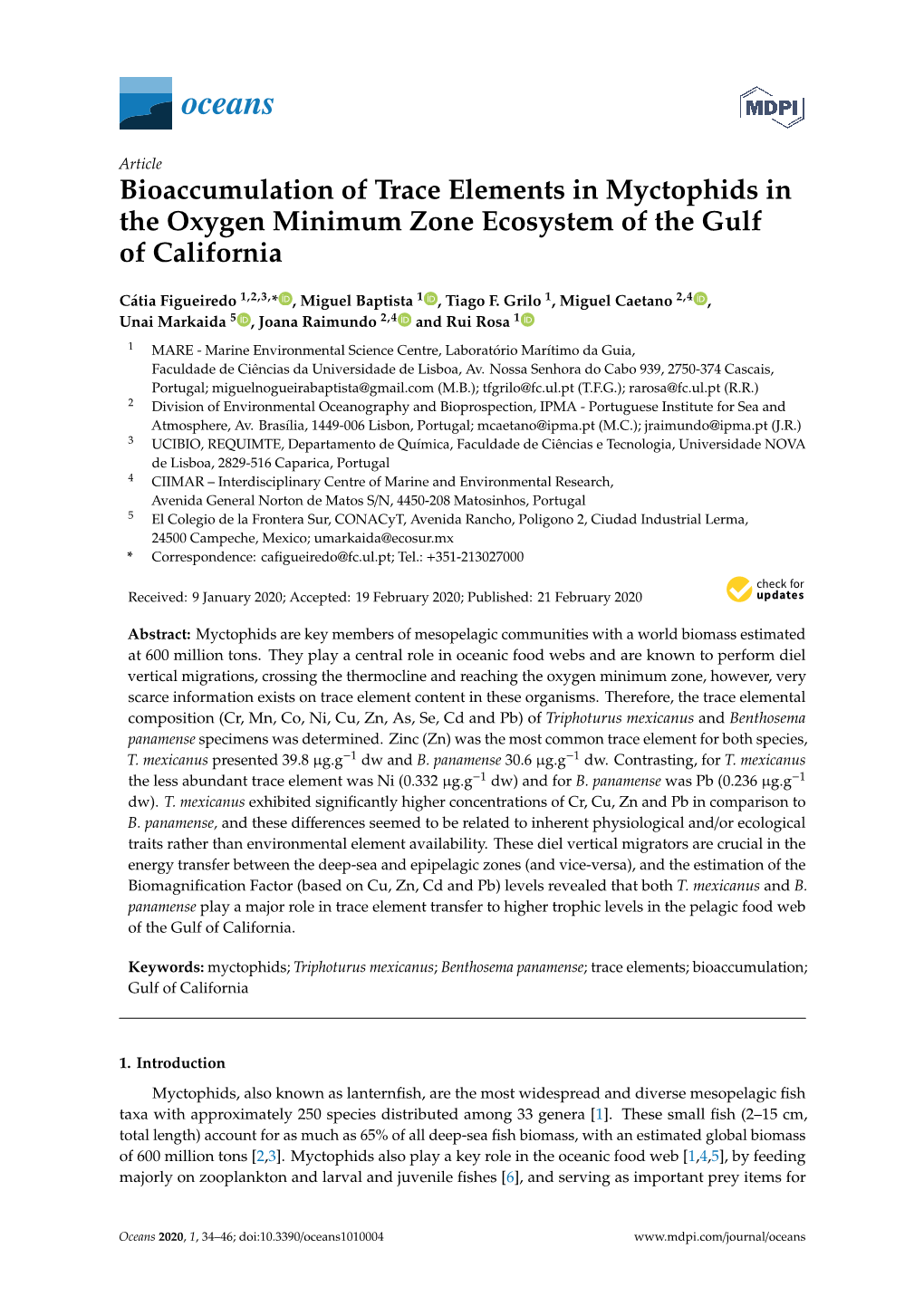 Bioaccumulation of Trace Elements in Myctophids in the Oxygen Minimum Zone Ecosystem of the Gulf of California