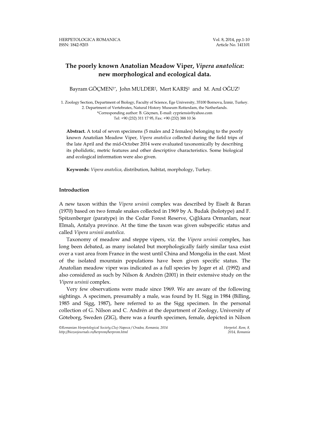 The Poorly Known Anatolian Meadow Viper, Vipera Anatolica: New Morphological and Ecological Data