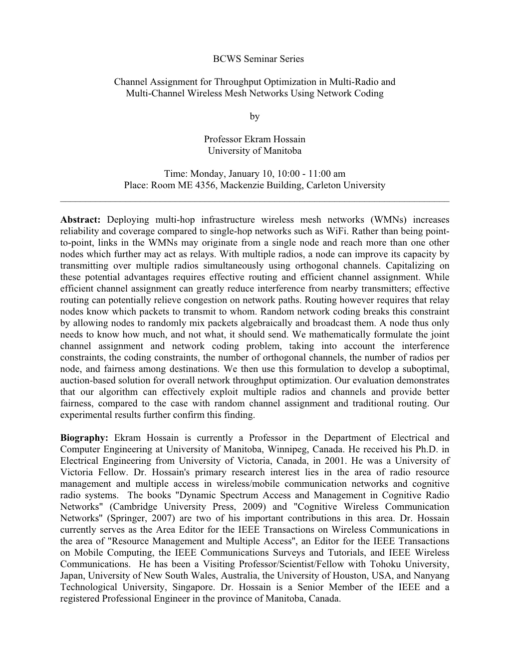 BCWS Seminar Series Channel Assignment for Throughput