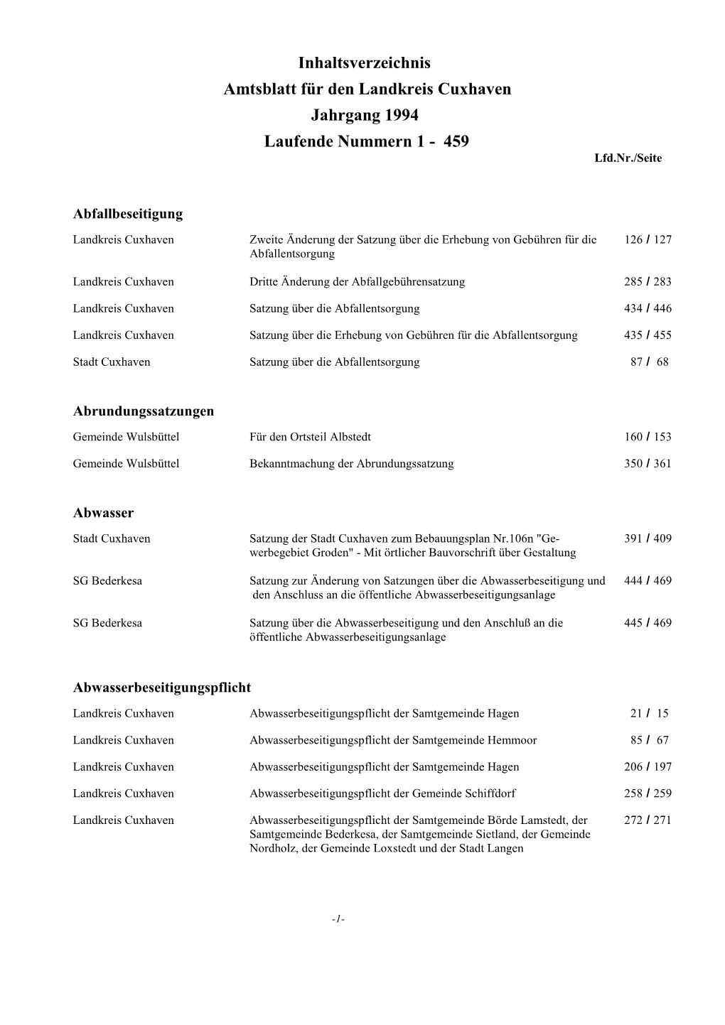 Amtsblatt Für Den Landkreis Cuxhaven Jahrgang 1994 Laufende Nummern 1 - 459 Lfd.Nr./Seite