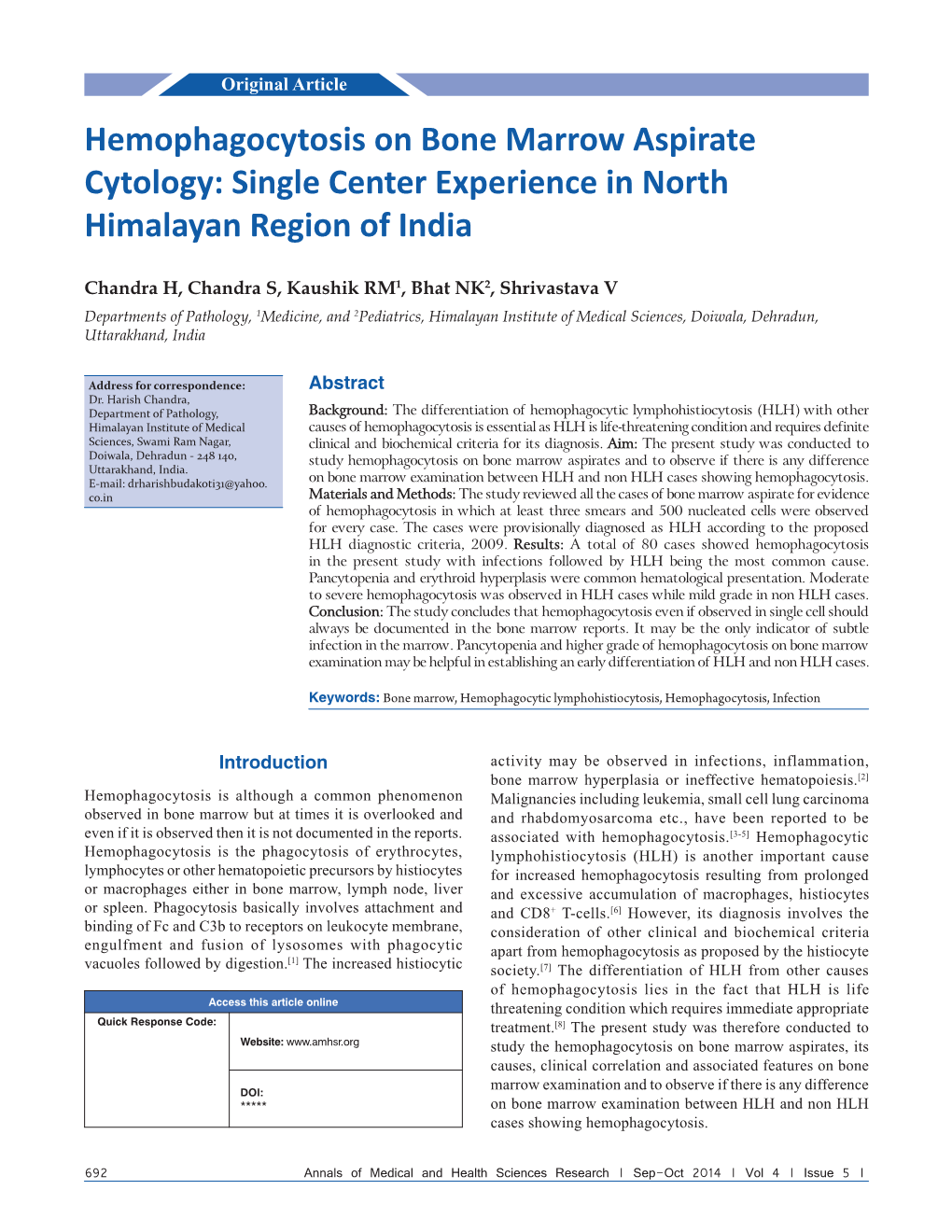 Hemophagocytosis on Bone Marrow Aspirate Cytology: Single Center Experience in North Himalayan Region of India