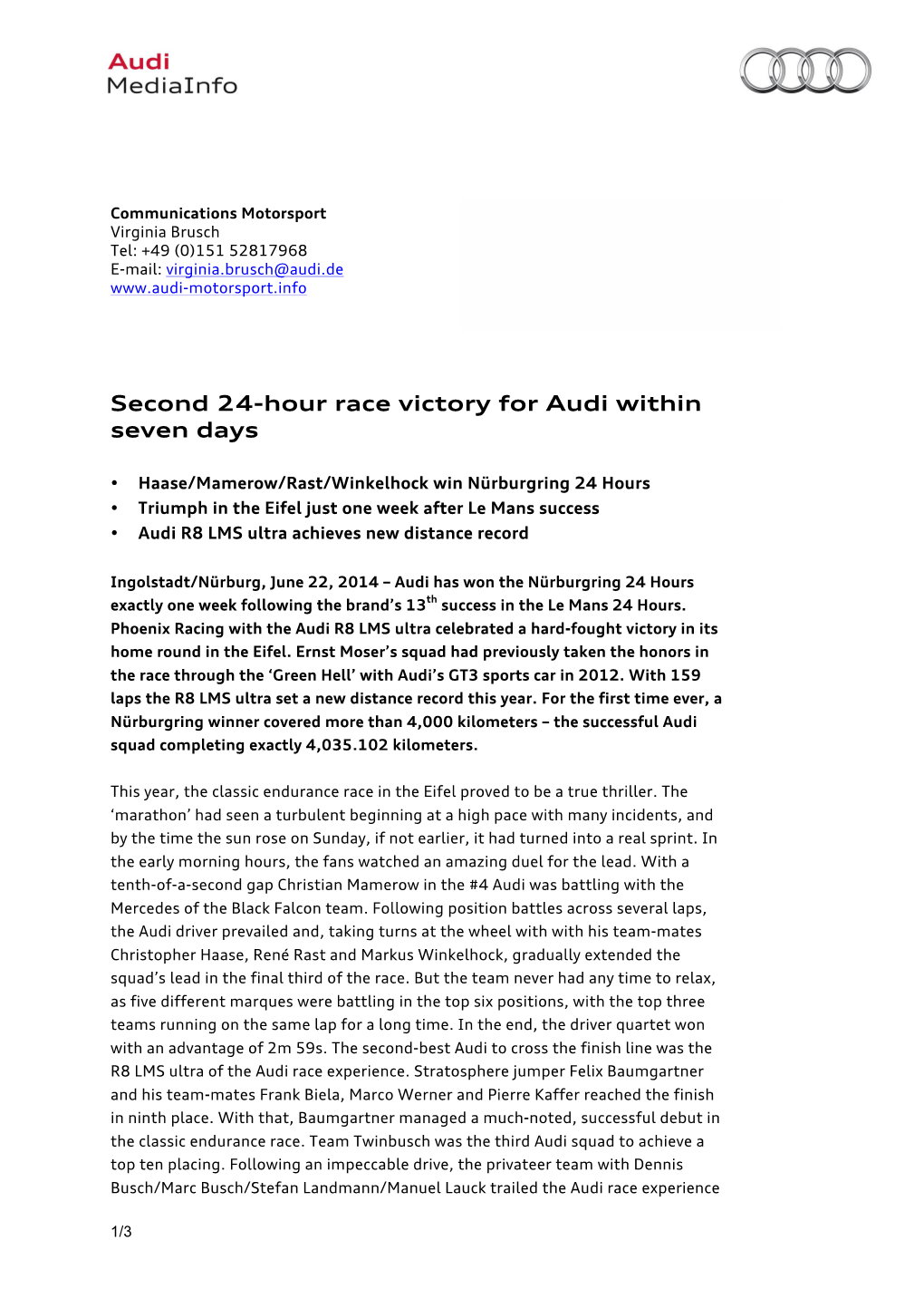 Second 24-Hour Race Victory for Audi Within Seven Days