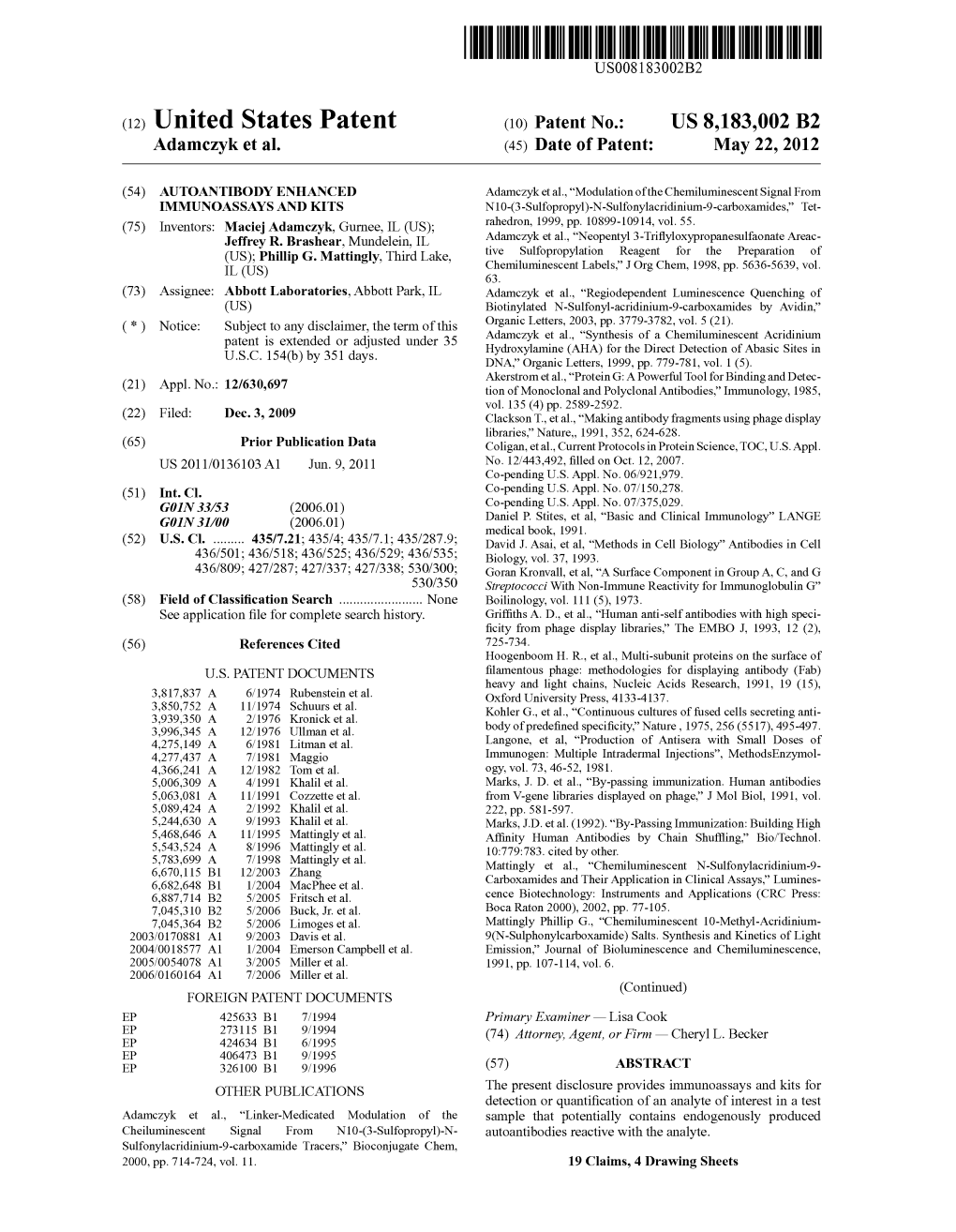 (12) United States Patent (10) Patent No.: US 8,183,002 B2 Adamczyk Et Al