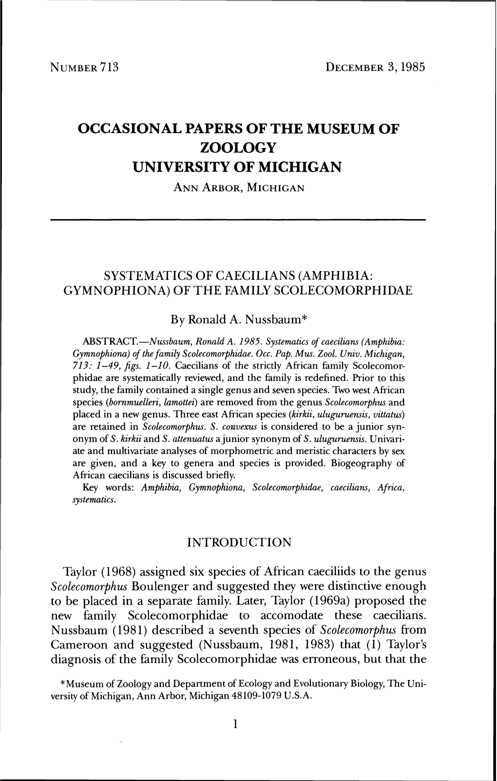 Occasional Papers of the Museum of Zoology University of Michigan Annarbor, Michigan