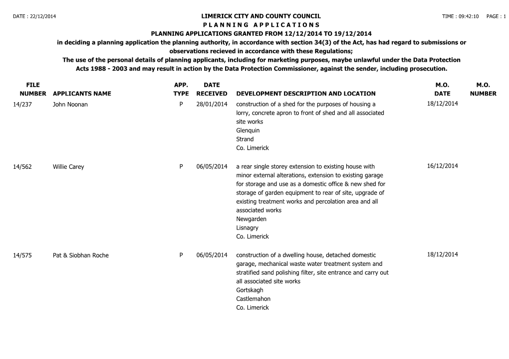 File Number Limerick City and County Council P L a N N I N G a P P L I C a T I O N S Planning Applications Granted from 12/12