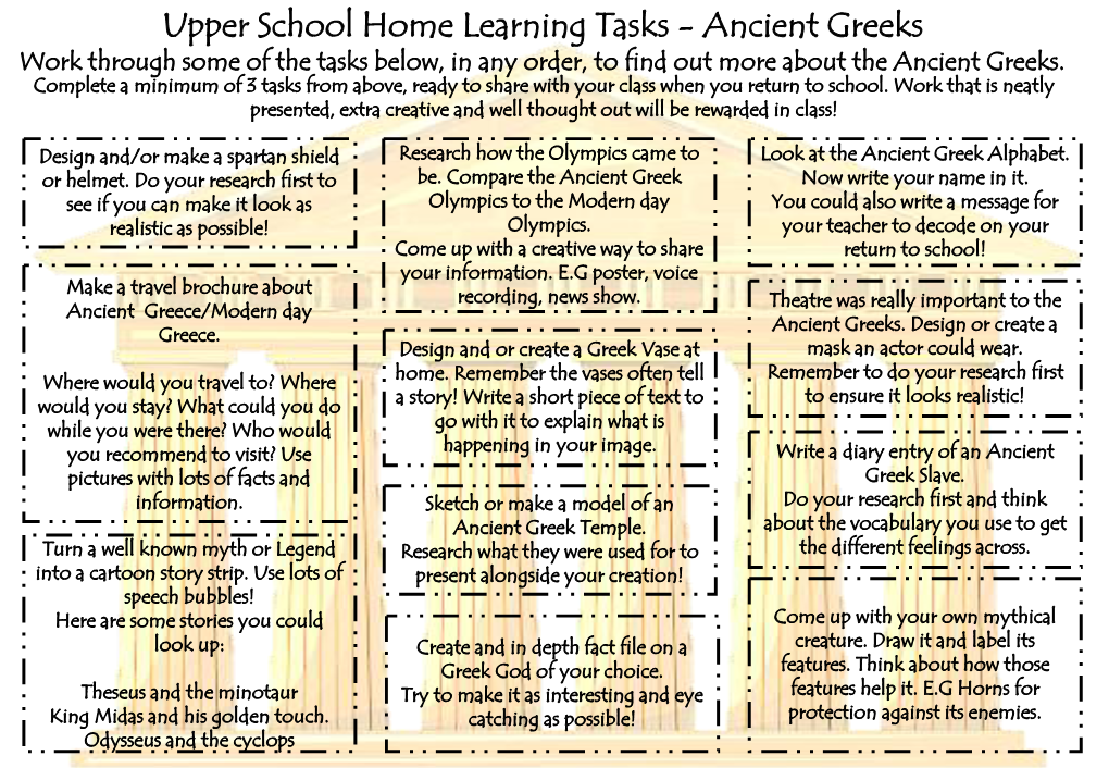 Ancient Greeks Work Through Some of the Tasks Below, in Any Order, to Find out More About the Ancient Greeks