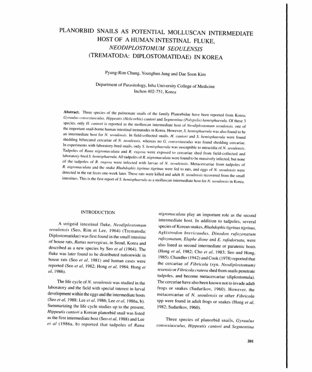 Planorbid Snails As Potential Molluscan Intermediate Host of a Human Intestinal Fluke, Neodiplostomum Seoulensis (Trematoda: Diplostomatidae) in Korea