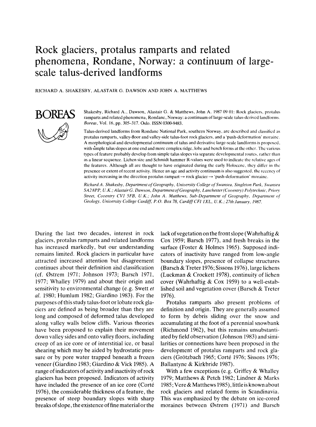 Rock Glaciers, Protalus Ramparts and Related Phenomena, Rondane, Norway: a Continuum of Large- Scale Talus-Derived Landforms