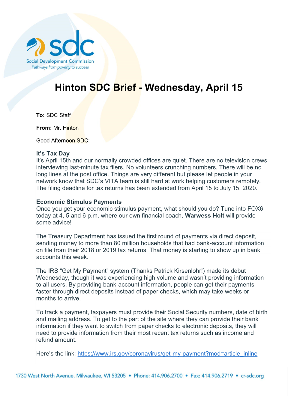 Hinton SDC Brief - Wednesday, April 15