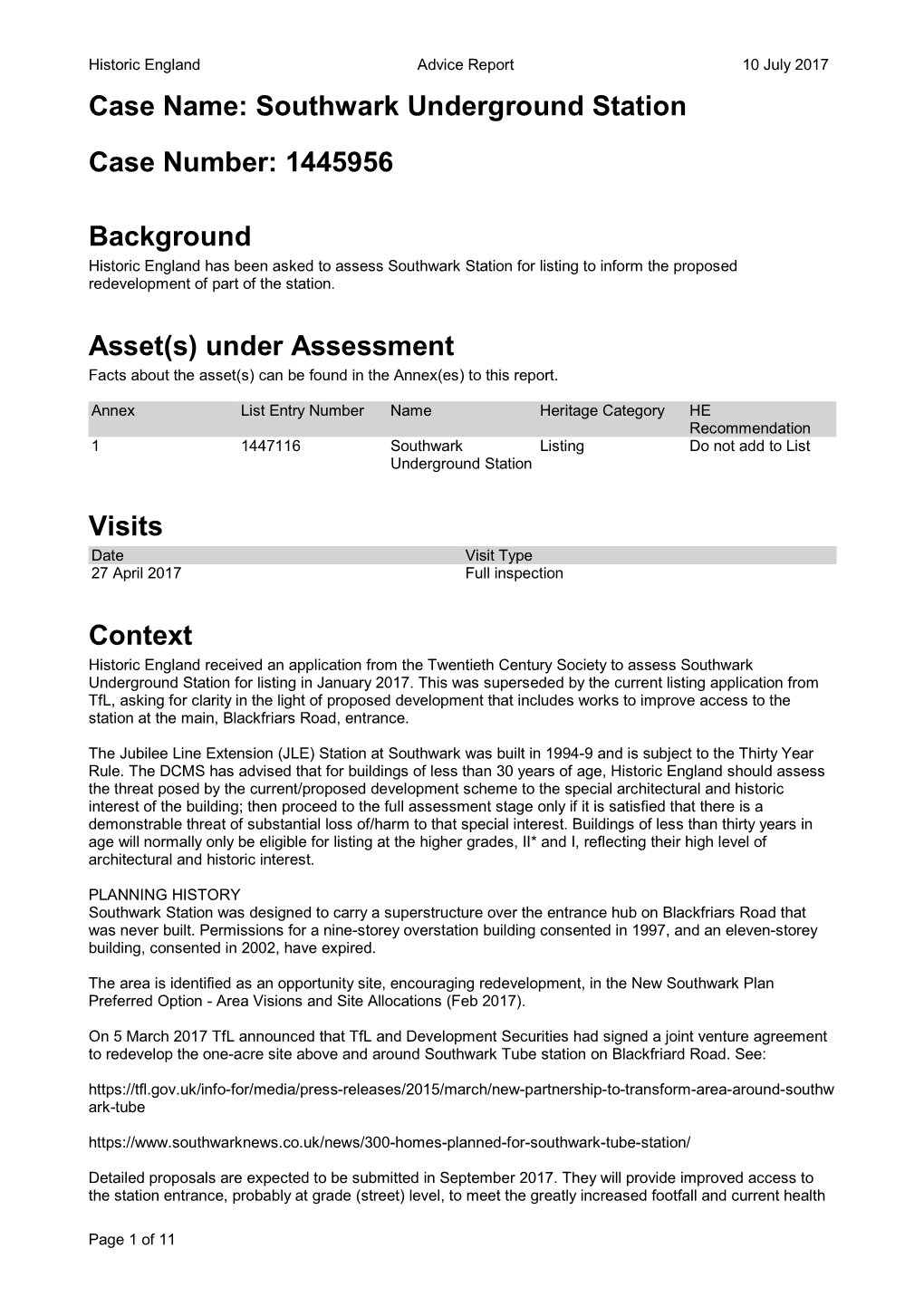 Southwark Underground Station Case Number: 1445956 Background