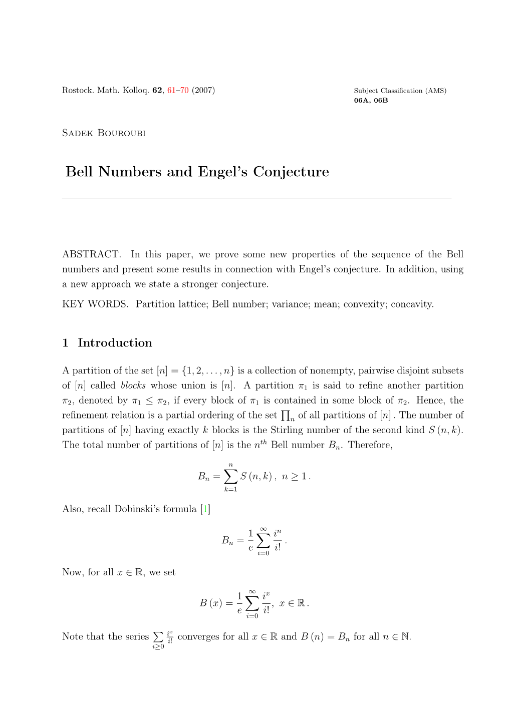 Bell Numbers and Engel's Conjecture