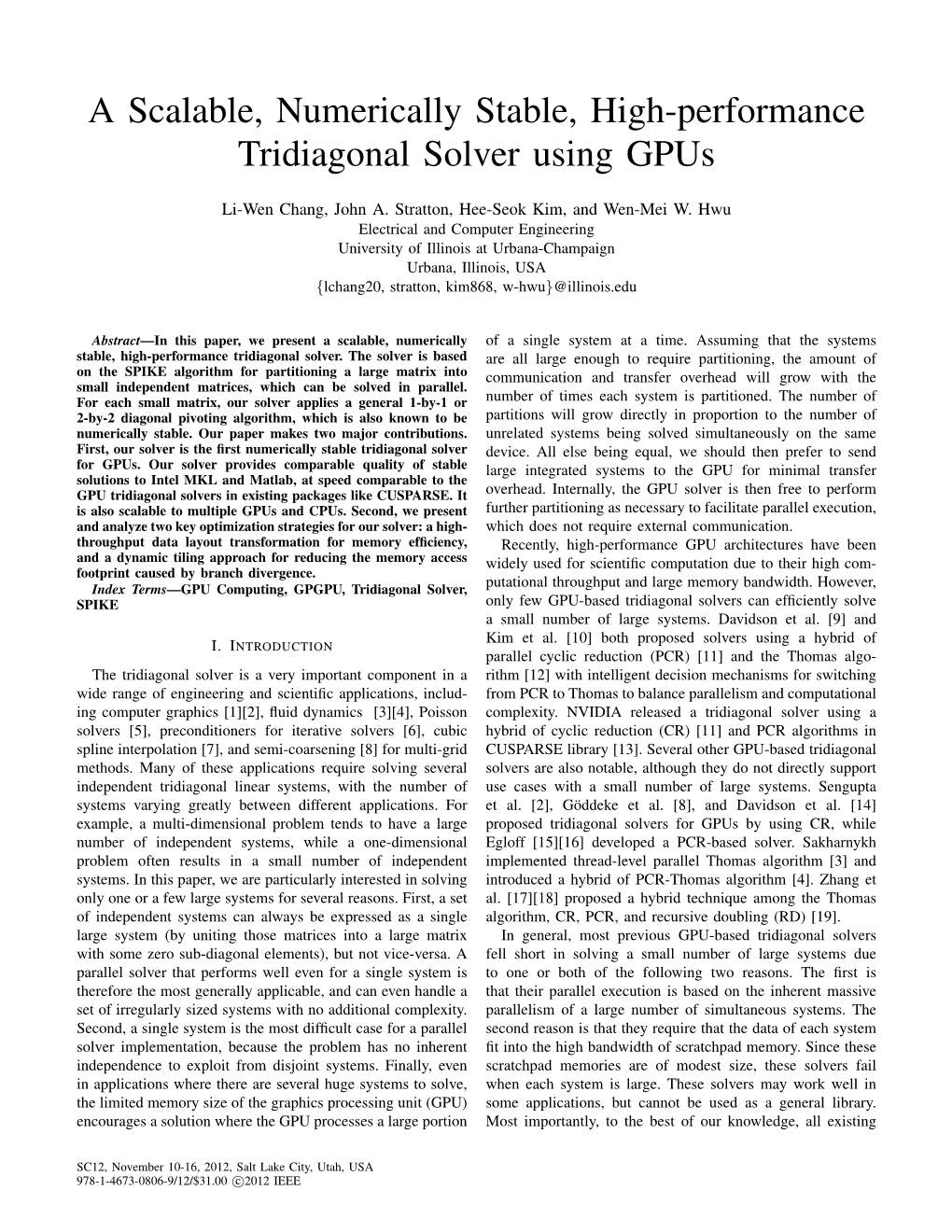 A Scalable, Numerically Stable, High-Performance Tridiagonal Solver Using Gpus