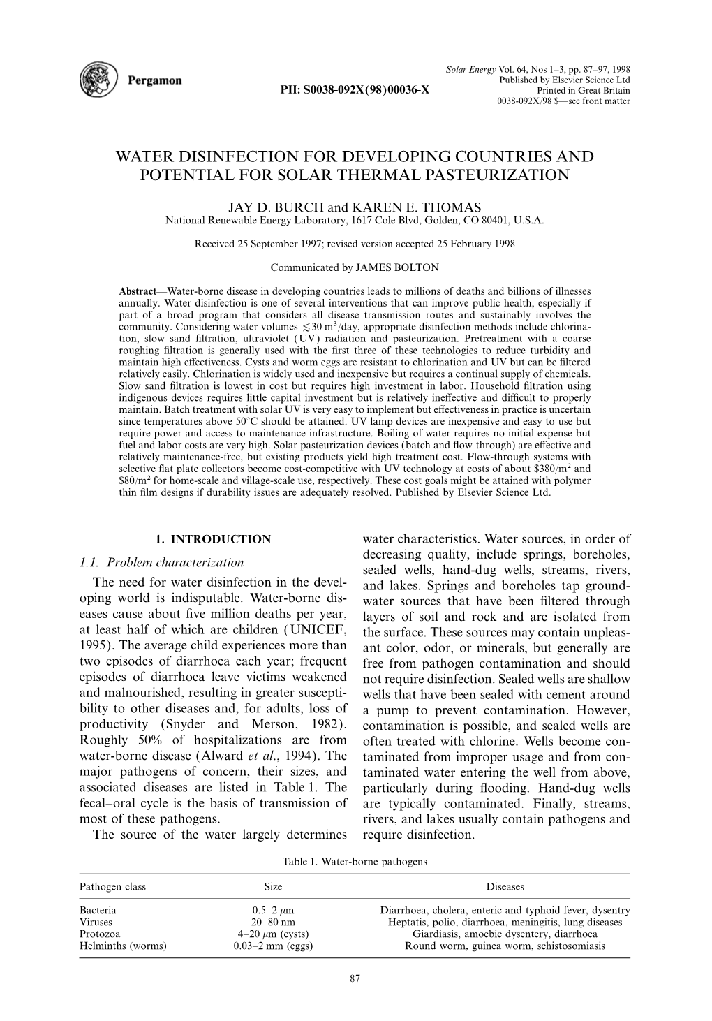 Water Disinfection for Developing Countries and Potential for Solar Thermal Pasteurization