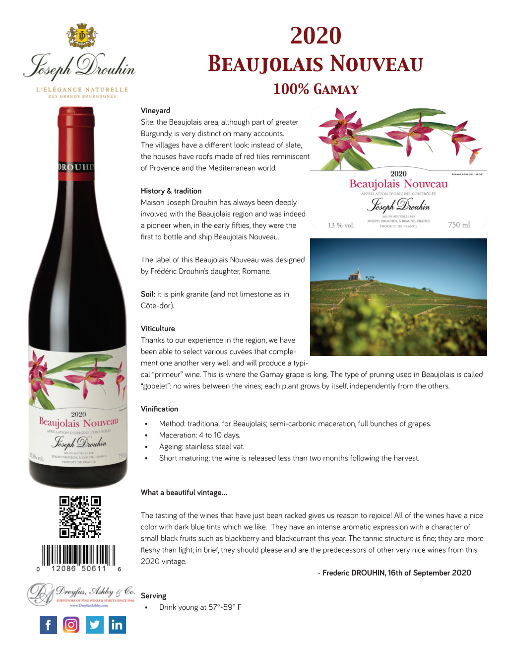 2020 Beaujolais Nouveau 100% Gamay Vineyard Site: the Beaujolais Area, Although Part of Greater Burgundy, Is Very Distinct on Many Accounts