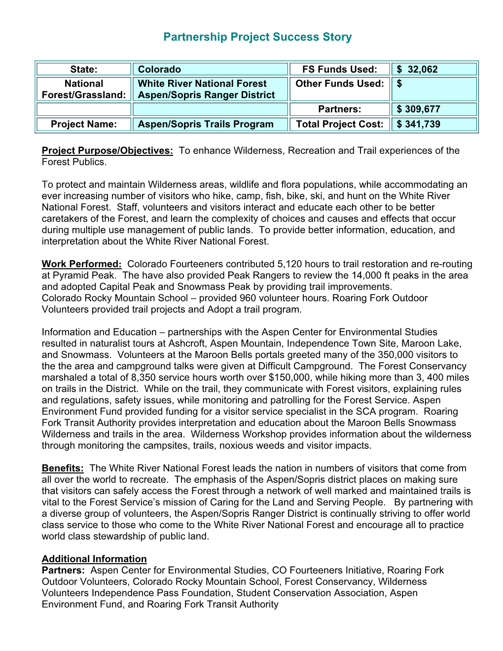 Aspen/Sopris Trails Program Total Project Cost: $ 341,739