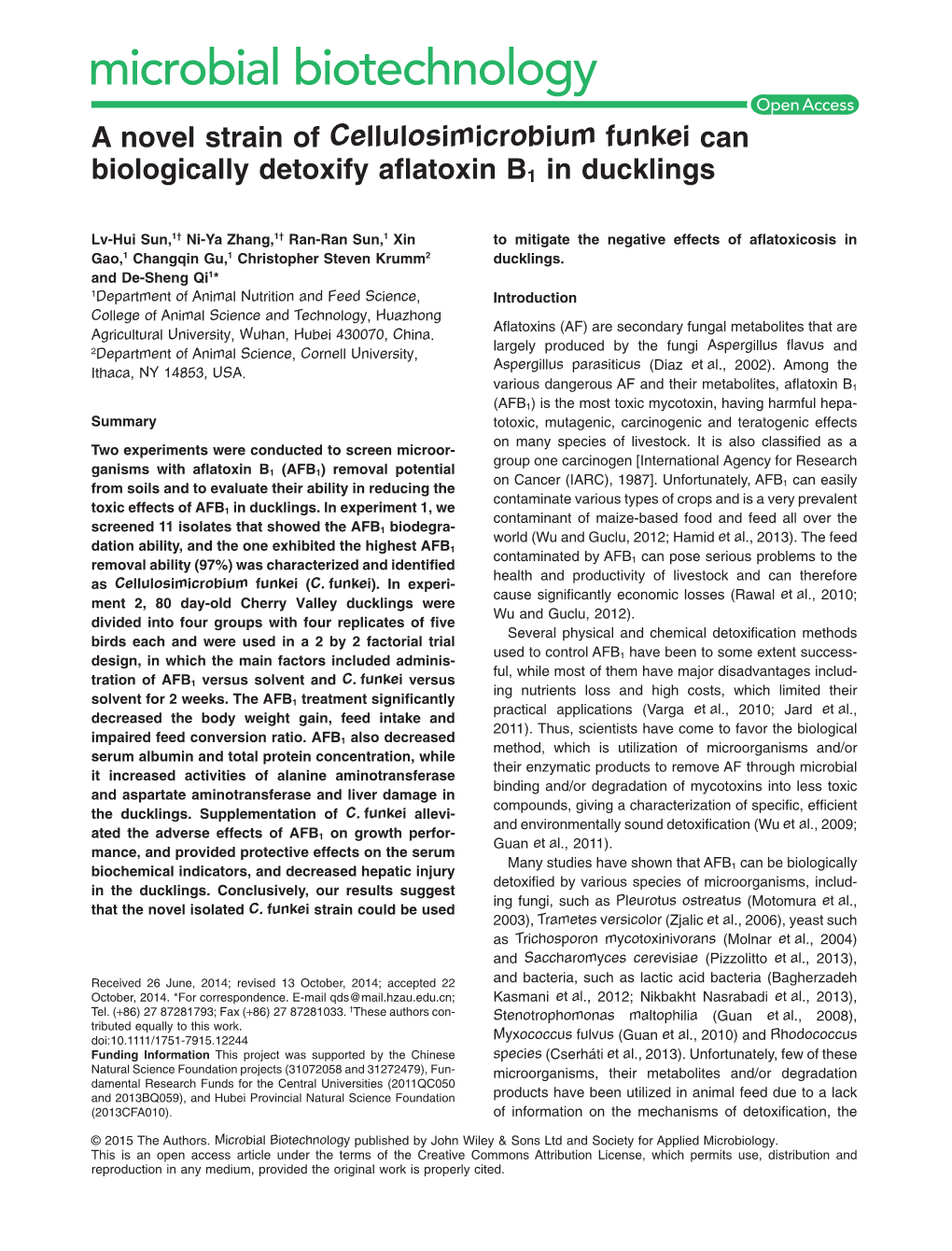 A Novel Strain of Cellulosimicrobium Funkei Can Biologically Detoxify Aflatoxin B1 in Ducklings