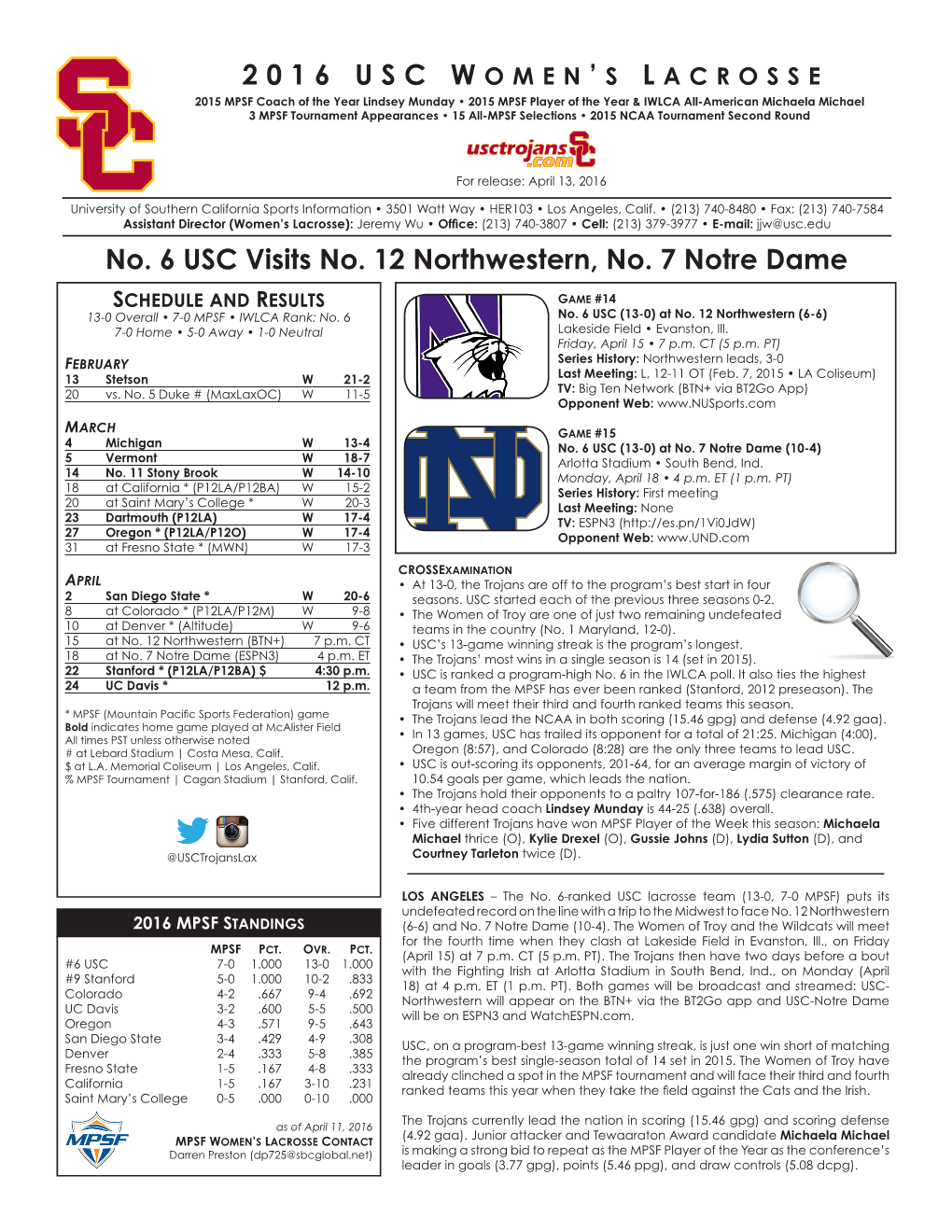 No. 6 USC Visits No. 12 Northwestern, No. 7 Notre Dame